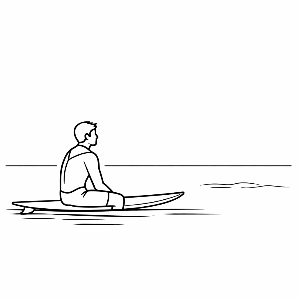 Surfer waiting patiently on calm water illustrating business preparation during slow market periods