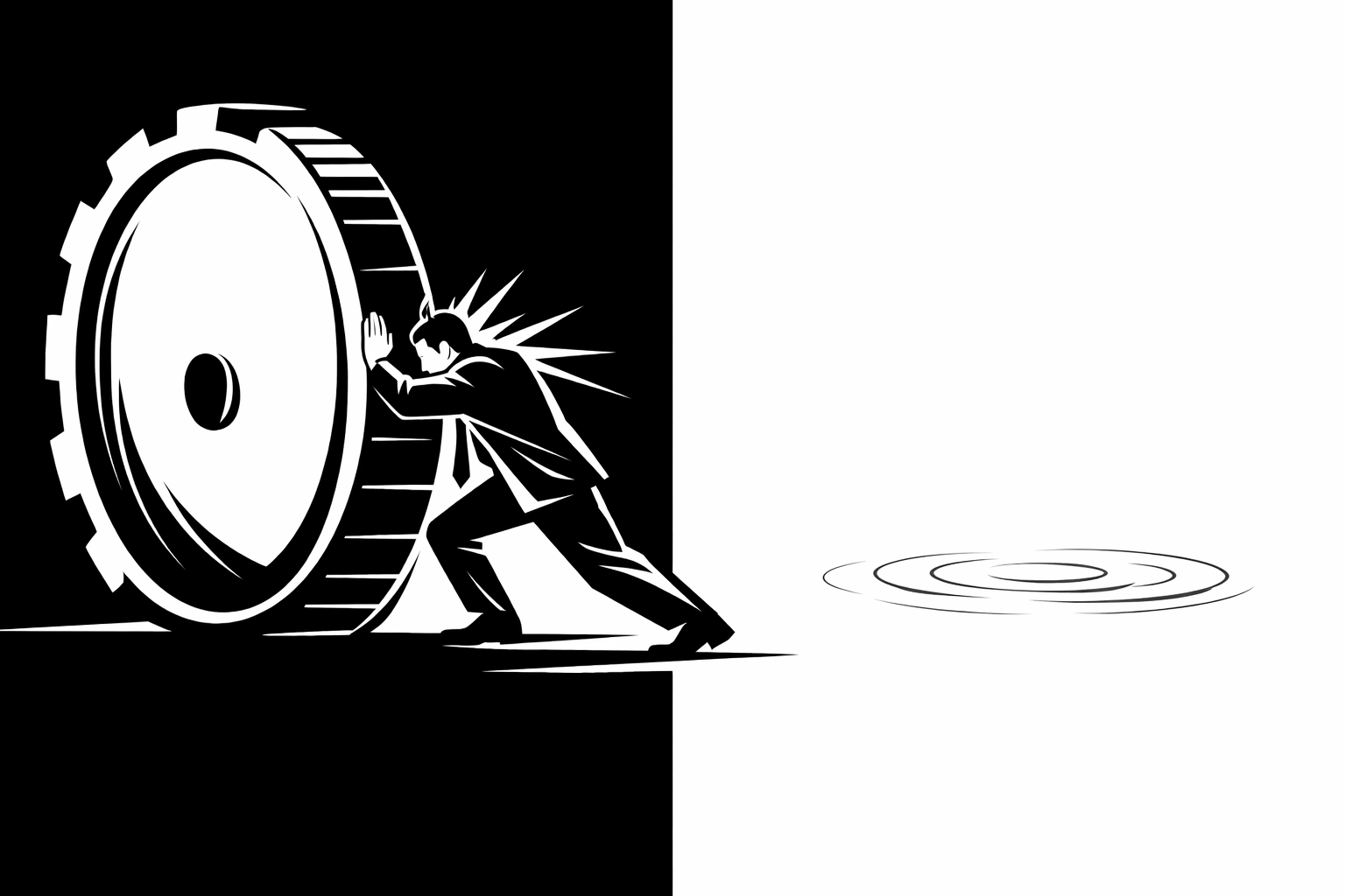 Businessman pushing wheel with minimal results showing wasted effort on low-return opportunities