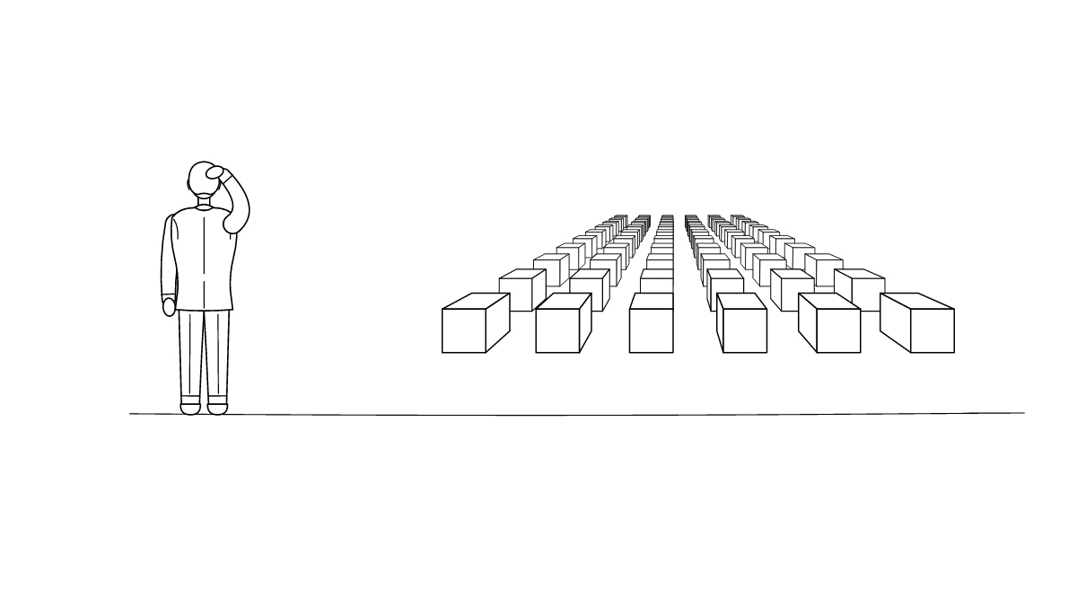 Line drawing of a person in a suit, seen from behind, scratching their head while facing a wide field of identical boxes stretching toward the horizon.
