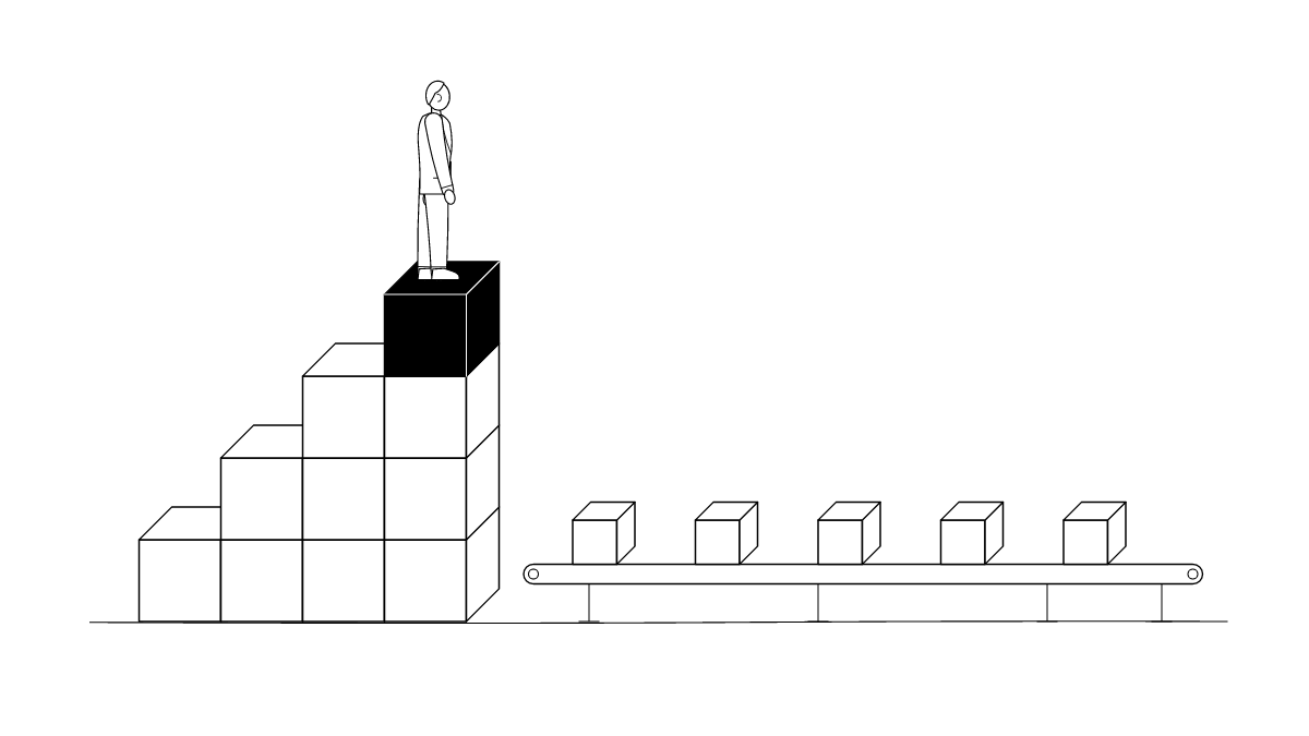 Line drawing of a person standing on top of a staircase of blocks, on a solid black top block, looking out while boxes ride away from the base on a conveyor.