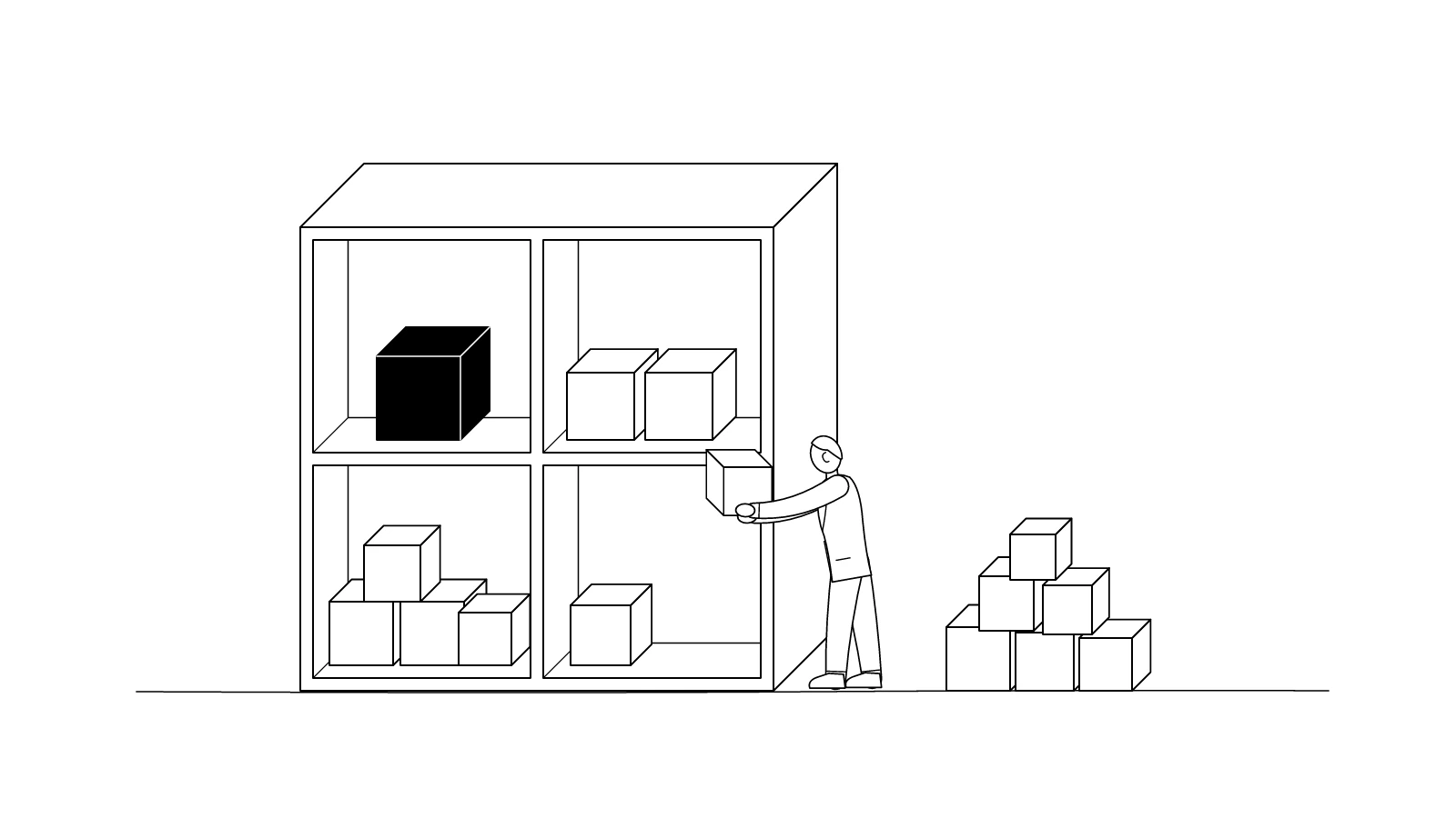 Line drawing of a person sorting boxes from a pile into a grid of four open shelves, with one box in the top-left shelf filled solid black.